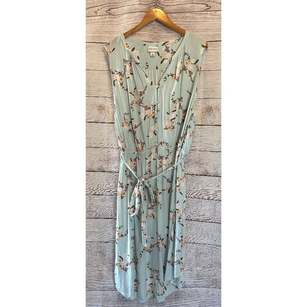 AVA & VIV Light Blue Floral Midi Dress 3XL Plus Size Elastic Waist Sleeveless